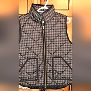 Ladies J. Crew Downs Puffer Vest Buffalo Plaid W/Black Trim LRG Zip Front